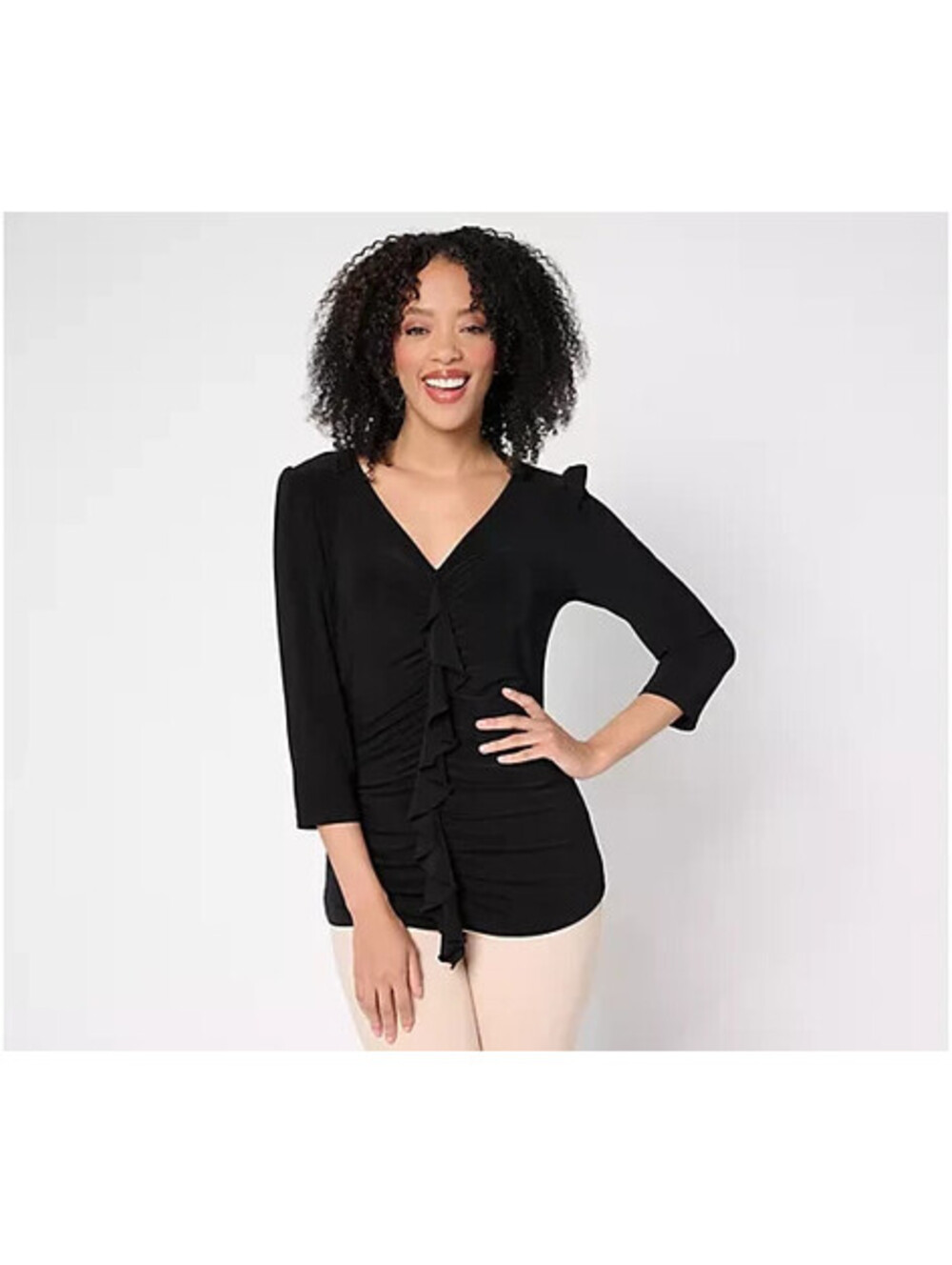 Dennis Basso Italia Knit Cascade-Front Top with 3/4-Sleeve Black, medium  #14.
